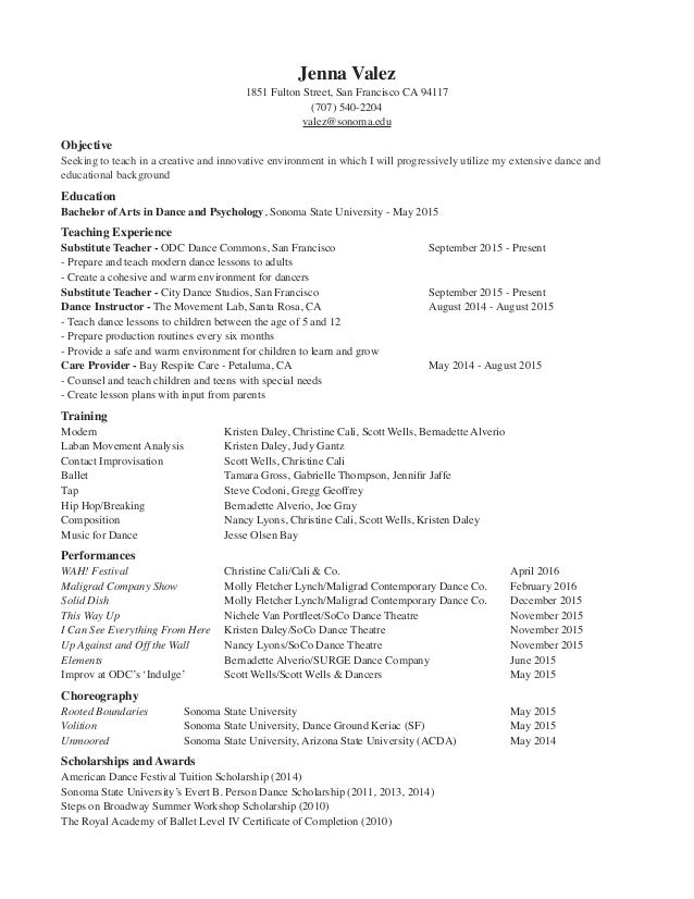 2016 dance resume teaching dance resume for college