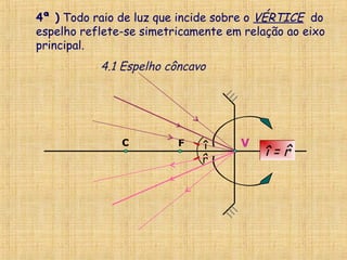 VC F
4ª ) Todo raio de luz que incide sobre o VÉRTICE do
espelho reflete-se simetricamente em relação ao eixo
principal.
î = rî = r^î
^r
4.1 Espelho côncavo
 
