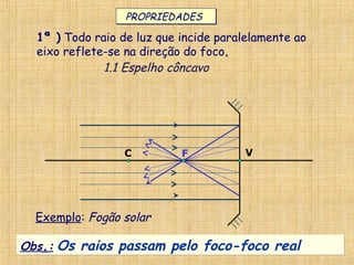 VC F
PROPRIEDADESPROPRIEDADES
1ª ) Todo raio de luz que incide paralelamente ao
eixo reflete-se na direção do foco..
Exemplo: Fogão solar
1.1 Espelho côncavo
Obs.: Os raios passam pelo foco-foco realObs.: Os raios passam pelo foco-foco real
 