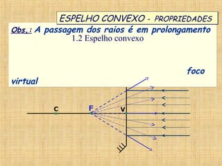 Obs.: A passagem dos raios é em prolongamento
foco
virtual
Obs.: A passagem dos raios é em prolongamento
foco
virtual
ESPELHO CONVEXO - PROPRIEDADESESPELHO CONVEXO - PROPRIEDADES
1.2 Espelho convexo
F VC
 