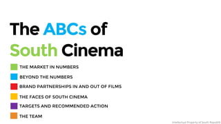 The ABCs of
South Cinema
THE MARKET IN NUMBERS
BEYOND THE NUMBERS
BRAND PARTNERSHIPS IN AND OUT OF FILMS
THE FACES OF SOUTH CINEMA
TARGETS AND RECOMMENDED ACTION
THE TEAM
Intellectual Property of South Republik
 