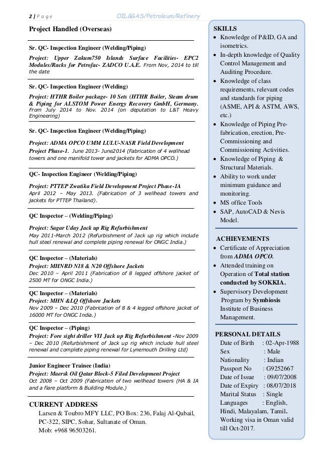 Resume_Arunkumar_ Sr.QC Welding/Piping Inspector