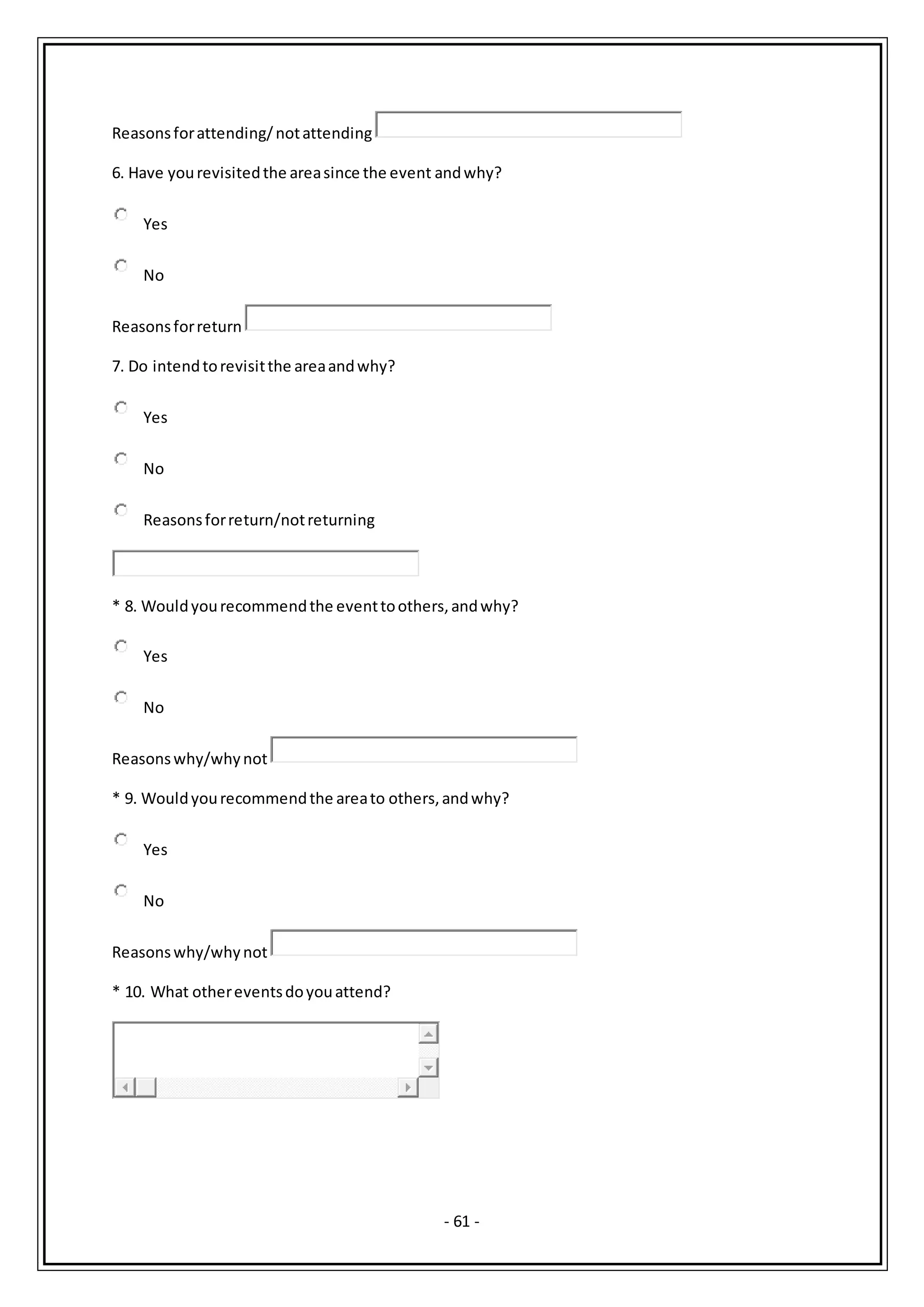 - 61 -
Reasonsforattending/notattending
6. Have yourevisitedthe areasince the event andwhy?
Yes
No
Reasonsforreturn
7. Do intendtorevisitthe areaandwhy?
Yes
No
Reasonsforreturn/notreturning
* 8. Wouldyourecommendthe eventtoothers,andwhy?
Yes
No
Reasonswhy/whynot
* 9. Wouldyourecommendthe areato others,andwhy?
Yes
No
Reasonswhy/whynot
* 10. What othereventsdoyouattend?
 