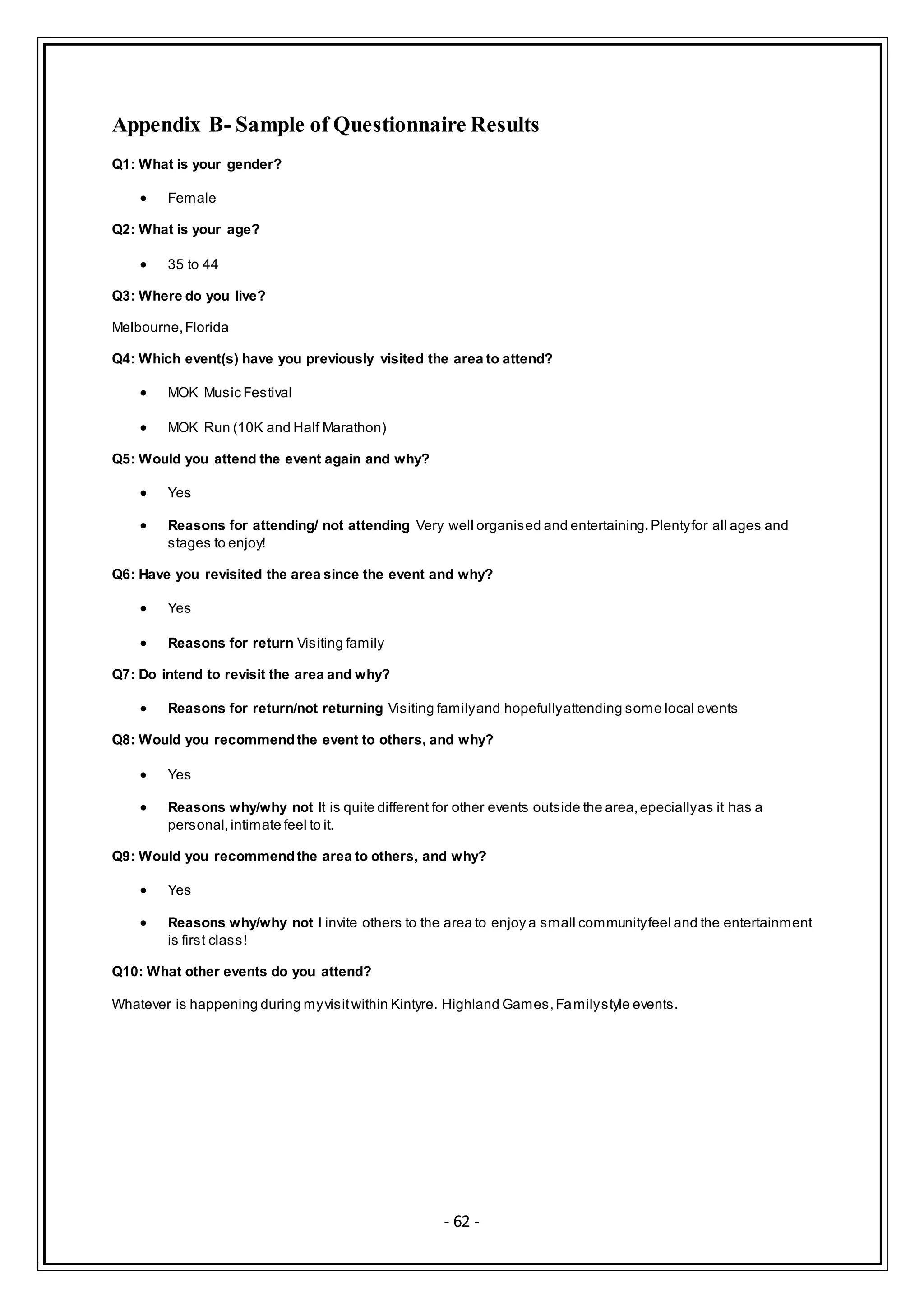 - 62 -
Appendix B- Sample of Questionnaire Results
Q1: What is your gender?
 Female
Q2: What is your age?
 35 to 44
Q3: Where do you live?
Melbourne,Florida
Q4: Which event(s) have you previously visited the area to attend?
 MOK Music Festival
 MOK Run (10K and Half Marathon)
Q5: Would you attend the event again and why?
 Yes
 Reasons for attending/ not attending Very well organised and entertaining.Plentyfor all ages and
stages to enjoy!
Q6: Have you revisited the area since the event and why?
 Yes
 Reasons for return Visiting family
Q7: Do intend to revisit the area and why?
 Reasons for return/not returning Visiting familyand hopefullyattending some local events
Q8: Would you recommendthe event to others, and why?
 Yes
 Reasons why/why not It is quite different for other events outside the area,epeciallyas it has a
personal,intimate feel to it.
Q9: Would you recommendthe area to others, and why?
 Yes
 Reasons why/why not I invite others to the area to enjoy a small communityfeel and the entertainment
is first class!
Q10: What other events do you attend?
Whatever is happening during myvisitwithin Kintyre. Highland Games,Familystyle events.
 