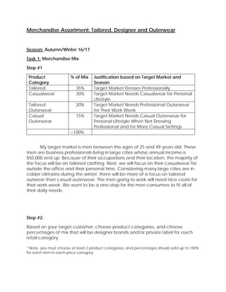 Merchandise Assortment: Tailored, Designer and Outerwear
Season: Autumn/Winter 16/17
Task 1: Merchandise Mix
Step #1
Product
Category
% of Mix Justification based on Target Market and
Season
Tailored 35% Target Market Dresses Professionally
Casualwear 30% Target Market Needs Casualwear for Personal
Lifestyle
Tailored
Outerwear
20% Target Market Needs Professional Outerwear
for Their Work Week
Casual
Outerwear
15% Target Market Needs Casual Outerwear for
Personal Lifestyle When Not Dressing
Professional and for More Casual Settings
=100%
My target market is men between the ages of 25 and 49 years old. These
men are business professionals living in large cities whose annual income is
$50,000 and up. Because of their occupations and their location, the majority of
the focus will be on tailored clothing. Next, we will focus on their casualwear for
outside the office and their personal time. Considering many large cities are in
colder climates during the winter, there will be more of a focus on tailored
outwear than casual outerwear. The men going to work will need nice coats for
their work week. We want to be a one-stop for the men consumers to fit all of
their daily needs.
Step #2:
Based on your target customer, choose product categories, and choose
percentages of mix that will be designer brands and/or private label for each
retail category.
* Note- you must choose at least 2 product categories, and percentages should add up to 100%
for each item in each price category.
 