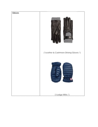 Gloves
(“Leather & Cashmere Driving Gloves.”)
(“Lodge Mitts.”)
 