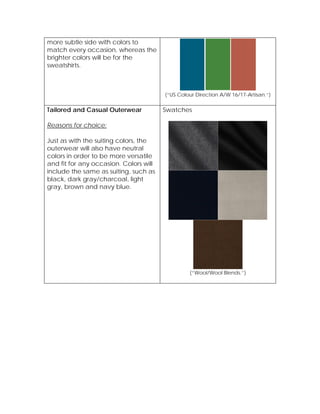 more subtle side with colors to
match every occasion, whereas the
brighter colors will be for the
sweatshirts.
(“US Colour Direction A/W 16/17-Artisan.”)
Tailored and Casual Outerwear
Reasons for choice:
Just as with the suiting colors, the
outerwear will also have neutral
colors in order to be more versatile
and fit for any occasion. Colors will
include the same as suiting, such as
black, dark gray/charcoal, light
gray, brown and navy blue.
Swatches
(“Wool/Wool Blends.”)
 