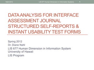 Nahl 2012               LIS 677 Human Dimension in Information Systems   1




  DATA ANALYSIS FOR INTERFACE
  ASSESSMENT JOURNAL
  STRUCTURED SELF-REPORTS &
  INSTANT USABILITY TEST FORMS
  Spring 2012
  Dr. Diane Nahl
  LIS 677 Human Dimension in Information System
  University of Hawaii
  LIS Program
 