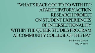 “WHAT’SRACEGOTTODOWITHIT?”:
APARTICIPATORYACTION
RESEARCHPROJECT
ONSTUDENTEXPERIENCES
OFINTERSECTIONALITY
WITHINTHEQUEERSTUDIESPROGRAM
ATCOMMUNITYCOLLEGEOFTHEBAY
By: Breana Galván
May 17, 2016
 