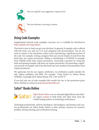 This icon signifies a tip, suggestion, or general note.
This icon indicates a warning or caution.
Using Code Examples
Supplemental material (code examples, exercises, etc.) is available for download at
https://github.com/using-docker/.
This book is here to help you get your job done. In general, if example code is offered
with this book, you may use it in your programs and documentation. You do not
need to contact us for permission unless you’re reproducing a significant portion of
the code. For example, writing a program that uses several chunks of code from this
book does not require permission. Selling or distributing a CD-ROM of examples
from O’Reilly books does require permission. Answering a question by citing this
book and quoting example code does not require permission. Incorporating a signifi‐
cant amount of example code from this book into your product’s documentation does
require permission.
We appreciate, but do not require, attribution. An attribution usually includes the
title, author, publisher, and ISBN. For example: “Using Docker by Adrian Mouat
(O’Reilly). Copyright 2016 Adrian Mouat, 978-1-491-91576-9.”
If you feel your use of code examples falls outside fair use or the permission given
above, feel free to contact us at permissions@oreilly.com.
Safari® Books Online
Safari Books Online is an on-demand digital library that deliv‐
ers expert content in both book and video form from the
world’s leading authors in technology and business.
Technology professionals, software developers, web designers, and business and crea‐
tive professionals use Safari Books Online as their primary resource for research,
problem solving, learning, and certification training.
Preface | xiii
 