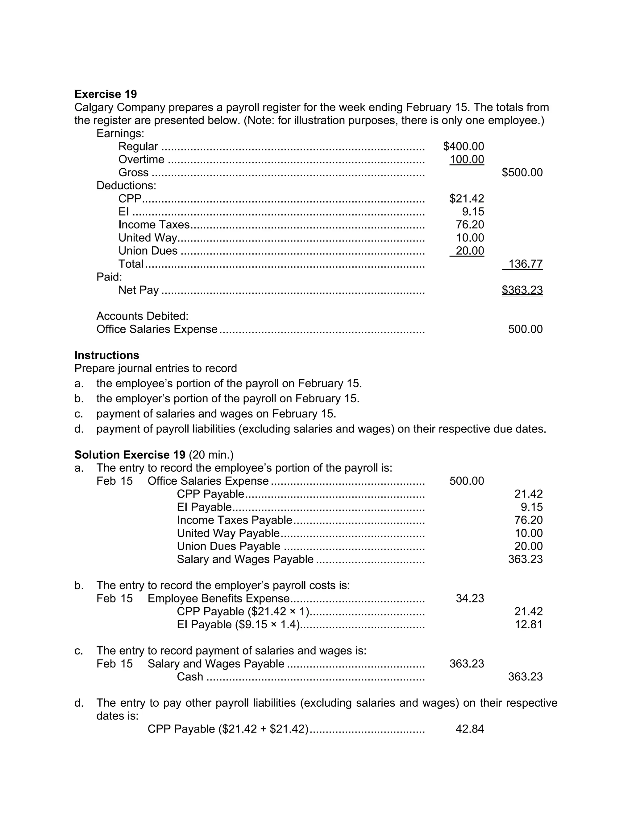 Exercise 19
Calgary Company prepares a payroll register for the week ending February 15. The totals from
the register are presented below. (Note: for illustration purposes, there is only one employee.)
Earnings:
Regular .................................................................................. $400.00
Overtime ................................................................................ 100.00
Gross ..................................................................................... $500.00
Deductions:
CPP........................................................................................ $21.42
EI ........................................................................................... 9.15
Income Taxes......................................................................... 76.20
United Way............................................................................. 10.00
Union Dues ............................................................................ 20.00
Total....................................................................................... 136.77
Paid:
Net Pay .................................................................................. $363.23
Accounts Debited:
Office Salaries Expense................................................................ 500.00
Instructions
Prepare journal entries to record
a. the employee’s portion of the payroll on February 15.
b. the employer’s portion of the payroll on February 15.
c. payment of salaries and wages on February 15.
d. payment of payroll liabilities (excluding salaries and wages) on their respective due dates.
Solution Exercise 19 (20 min.)
a. The entry to record the employee’s portion of the payroll is:
Feb 15 Office Salaries Expense ................................................ 500.00
CPP Payable........................................................ 21.42
EI Payable............................................................ 9.15
Income Taxes Payable......................................... 76.20
United Way Payable............................................. 10.00
Union Dues Payable ............................................ 20.00
Salary and Wages Payable .................................. 363.23
b. The entry to record the employer’s payroll costs is:
Feb 15 Employee Benefits Expense.......................................... 34.23
CPP Payable ($21.42 × 1).................................... 21.42
EI Payable ($9.15 × 1.4)....................................... 12.81
c. The entry to record payment of salaries and wages is:
Feb 15 Salary and Wages Payable ........................................... 363.23
Cash .................................................................... 363.23
d. The entry to pay other payroll liabilities (excluding salaries and wages) on their respective
dates is:
CPP Payable ($21.42 + $21.42).................................... 42.84
 