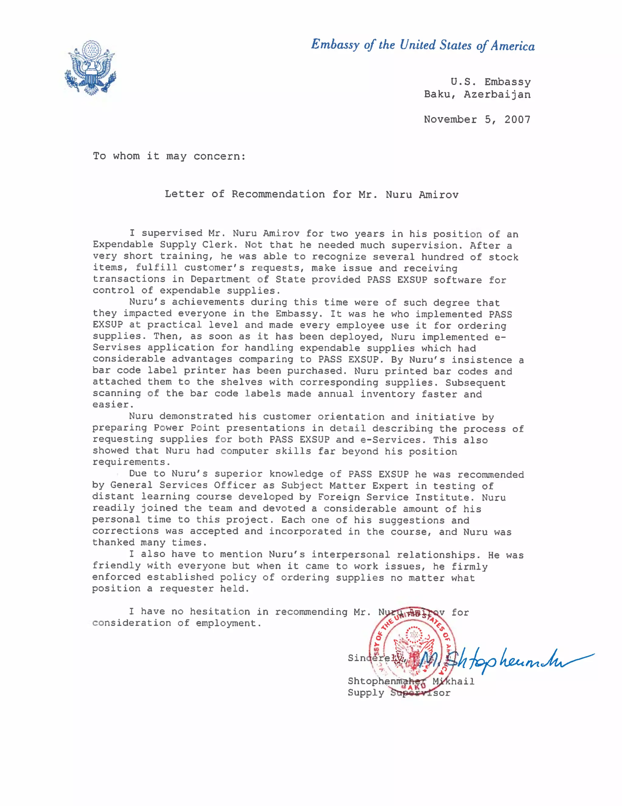 Reference letter S. Mikhail (US Dept.) | PDF