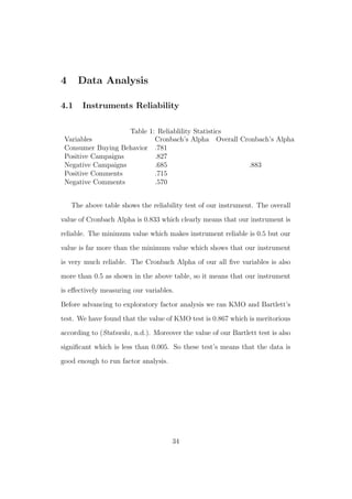 4 Data Analysis
4.1 Instruments Reliability
Table 1: Reliablility Statistics
Variables Cronbach’s Alpha Overall Cronbach’s Alpha
Consumer Buying Behavior .781
.883
Positive Campaigns .827
Negative Campaigns .685
Positive Comments .715
Negative Comments .570
The above table shows the reliability test of our instrument. The overall
value of Cronbach Alpha is 0.833 which clearly means that our instrument is
reliable. The minimum value which makes instrument reliable is 0.5 but our
value is far more than the minimum value which shows that our instrument
is very much reliable. The Cronbach Alpha of our all ﬁve variables is also
more than 0.5 as shown in the above table, so it means that our instrument
is eﬀectively measuring our variables.
Before advancing to exploratory factor analysis we ran KMO and Bartlett’s
test. We have found that the value of KMO test is 0.867 which is meritorious
according to (Statswiki, n.d.). Moreover the value of our Bartlett test is also
signiﬁcant which is less than 0.005. So these test’s means that the data is
good enough to run factor analysis.
34
 