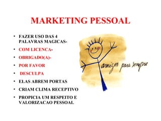 MARKETING PESSOAL
●
FAZER USO DAS 4
PALAVRAS MAGICAS-
●
COM LICENCA-
●
OBRIGADO(A)-
●
POR FAVOR
●
DESCULPA
●
ELAS ABREM PORTAS
●
CRIAM CLIMA RECEPTIVO
●
PROPICIA UM RESPEITO E
VALORIZACAO PESSOAL
 