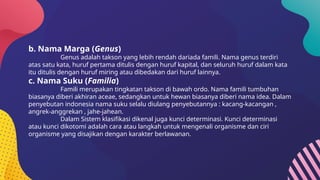 b. Nama Marga (Genus)
Genus adalah takson yang lebih rendah dariada famili. Nama genus terdiri
atas satu kata, huruf pertama ditulis dengan huruf kapital, dan seluruh huruf dalam kata
itu ditulis dengan huruf miring atau dibedakan dari huruf lainnya.
c. Nama Suku (Familia)
Famili merupakan tingkatan takson di bawah ordo. Nama famili tumbuhan
biasanya diberi akhiran aceae, sedangkan untuk hewan biasanya diberi nama idea. Dalam
penyebutan indonesia nama suku selalu diulang penyebutannya : kacang-kacangan ,
angrek-anggrekan , jahe-jahean.
Dalam Sistem klasifikasi dikenal juga kunci determinasi. Kunci determinasi
atau kunci dikotomi adalah cara atau langkah untuk mengenali organisme dan ciri
organisme yang disajikan dengan karakter berlawanan.
 