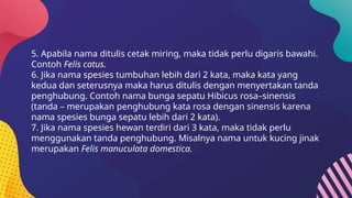 5. Apabila nama ditulis cetak miring, maka tidak perlu digaris bawahi.
Contoh Felis catus.
6. Jika nama spesies tumbuhan lebih dari 2 kata, maka kata yang
kedua dan seterusnya maka harus ditulis dengan menyertakan tanda
penghubung. Contoh nama bunga sepatu Hibicus rosa–sinensis
(tanda – merupakan penghubung kata rosa dengan sinensis karena
nama spesies bunga sepatu lebih dari 2 kata).
7. Jika nama spesies hewan terdiri dari 3 kata, maka tidak perlu
menggunakan tanda penghubung. Misalnya nama untuk kucing jinak
merupakan Felis manuculata domestica.
 