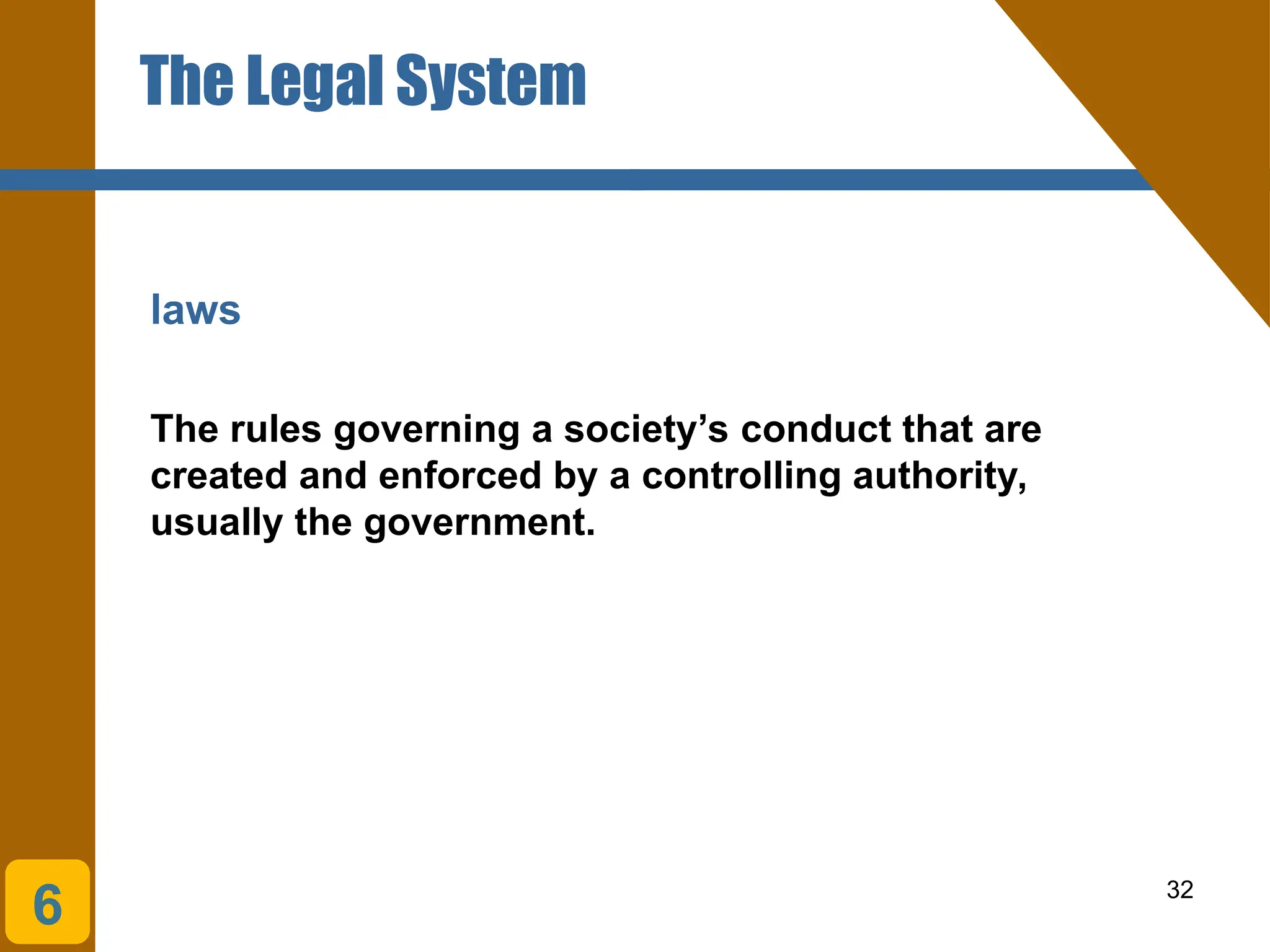 32
The Legal System
laws
The rules governing a society’s conduct that are
created and enforced by a controlling authority,
usually the government.
6
 