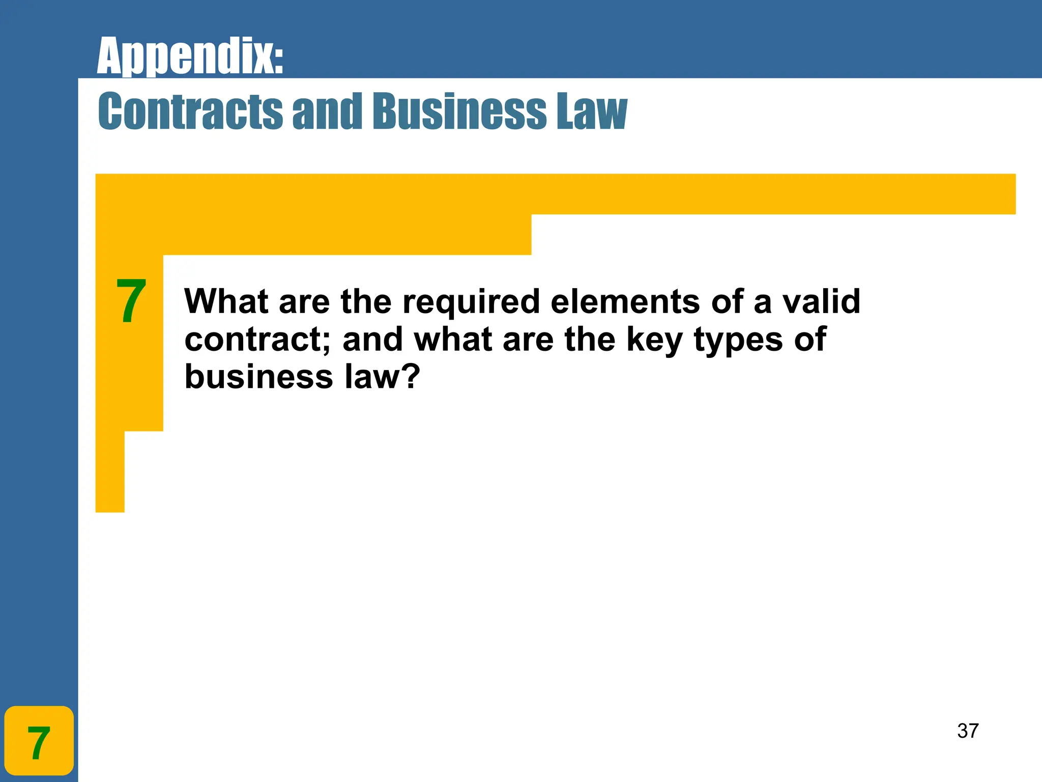 37
7
What are the required elements of a valid
contract; and what are the key types of
business law?
7
Appendix:
Contracts and Business Law
 