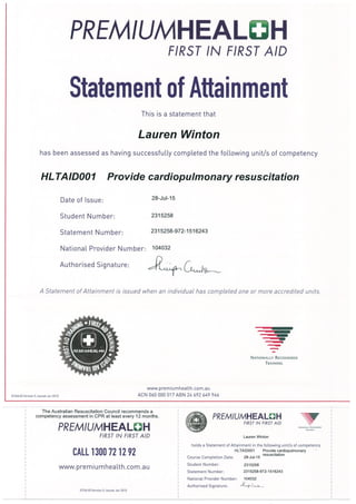 Lauren Winton CPR Certificate