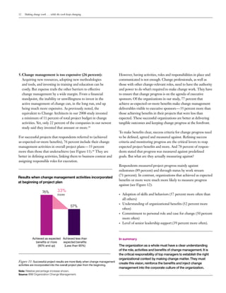 12 Making change work . . . while the work keeps changing
5.	Change management is too expensive (26 percent):
Acquiring new resources, adopting new methodologies
and tools, and investing in training and education can be
costly. But expense trails the other barriers to effective
change management by a wide margin. From a financial
standpoint, the inability or unwillingness to invest in the
active management of change can, in the long run, end up
being much more expensive. As previously noted, the
equivalent to Change Architects in our 2008 study invested
a minimum of 11 percent of total project budget in change
activities. Yet, only 22 percent of the companies in our newest
study said they invested that amount or more.13
For successful projects that respondents referred to (achieved
as-expected-or-more benefits), 76 percent include their change
management activities in overall project plans — 33 percent
more than those that underachieve (see Figure 11).14
They are
better in defining activities, linking them to business context and
assigning responsible roles for execution.
However, having activities, roles and responsibilities in place and
communicated is not enough. Change professionals, as well as
those with other change-relevant roles, need to have the authority
and power to do what’s required to make change work. They have
to ensure that change progress is on the agenda of executive
sponsors. Of the organizations in our study, 77 percent that
achieve as-expected-or-more benefits make change management
deliverables visible to executive sponsors — 35 percent more than
those achieving benefits in their projects that were less than
expected. These successful organizations are better at delivering
tangible outcomes and keeping change progress at the forefront.
To make benefits clear, success criteria for change progress need
to be defined, agreed and measured against. Refining success
criteria and monitoring progress are the critical levers to reap
expected project benefits and more. And 78 percent of respon-
dents stated that progress was measured against predefined
goals. But what are they actually measuring against?
Respondents measured project progress mainly against
milestones (89 percent) and through status by work stream
(71 percent). In contrast, organizations that achieved as expected
benefits or more were much more likely to measure progress
against (see Figure 12):
•	 Adoption of skills and behaviors (57 percent more often than
all others)
•	 Understanding of organizational benefits (52 percent more
often)
•	 Commitment to personal role and case for change (50 percent
more often)
•	 Level of senior leadership support (39 percent more often).
In summary
The organization as a whole must have a clear understanding
of the role, activities and benefits of change management. It is
the critical responsibility of top managers to establish the right
organizational context by making change matter. They must
create this vision, reinforce the benefits and inject change
management into the corporate culture of the organization.
Achieved less than
expected benefits
(Less than 90%)
Figure 11: Successful project results are more likely when change management
activities are incorporated into the overall project plan from the beginning.
Note: Relative percentage increase shown.
Source: IBM Organization Change Management.
Achieved as expected
benefits or more
(90% and up)
76%
57%
33%
more
Results when change management activities incorporated
at beginning of project plan
 