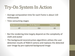 Try-On System In Action
• Average computation time for each frame is about 110
milliseconds
• Time consuming stages
• But the rendering time largely depend on the complexity of
cloth and avatar
• The background reconstruction algorithms utilizes the user
detection results of RGB-D camera and replaces the detected
user image by pre-captured background image
Background reconstruction 3D-2D Alignment Rendering
47 0.6 63
 