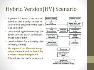 Hybrid Version(HV) Scenario
• A generic 3D avatar is customized
based on user’s body size and its
skin color is matched to the user’s
face skin color
• Use a novel algorithm to align the
3D customized avatar with user’s
image in real-time
• Use simulation for animating cloth
(Virtual garment)
• We segment out the user image
below the neck and replace it by
a reconstructed background
• This follows the user’s movement
 