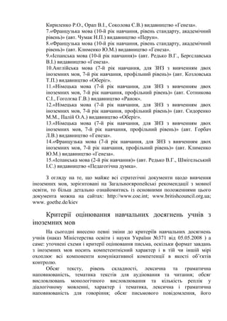 Кириленко P.O., Орап В.І., Соколова Є.В.) видавництво «Генеза».
     7.«Французька мова (10-й рік навчання, рівень стандарту, академічний
     рівень)» (авт. Чумак Н.П.) видавництво «Перун».
     8.«Французька мова (10-й рік навчання, рівень стандарту, академічний
     рівень)» (авт. Клименко Ю.М.) видавництво «Генеза».
     9.«Іспанська мова (10-й рік навчання)» (авт. Редько В.Г., Берєславська
     В.І.) видавництво «Генеза».
     10.Англійська мова (7-й рік навчання, для ЗНЗ з вивченням двох
     іноземних мов, 7-й рік навчання, профільний рівень)» (авт. Козловська
     Т.П.) видавництво «Оберіг».
     11.«Німецька мова (7-й рік навчання, для ЗНЗ з вивченням двох
     іноземних мов, 7-й рік навчання, профільний рівень)» (авт. Сотникова
     С.І., Гоголєва Г.В.) видавництво «Ранок».
     12.«Німецька мова (7-й рік навчання, для ЗНЗ з вивченням двох
     іноземних мов, 7-й рік навчання, профільний рівень)» (авт. Сидоренко
     М.М., Палій O.A.) видавництво «Оберіг».
     13.«Німецька мова (7-й рік навчання, для ЗНЗ з вивченням двох
     іноземних мов, 7-й рік навчання, профільний рівень)» (авт. Горбач
     Л.В.) видавництво «Генеза».
     14.«Французька мова (7-й рік навчання, для ЗНЗ з вивченням двох
     іноземних мов, 7-й рік навчання, профільний рівень)» (авт. Клименко
     Ю.М.) видавництво «Генеза».
     15.«Іспанська мова (2-й рік навчання)» (авт. Редько В.Г., Шмігельський
     І.С.) видавництво «Педагогічна думка».

      З огляду на те, що майже всі стратегічні документи щодо вивчення
іноземних мов, зорієнтовані на Загальноєвропейські рекомендації з мовної
освіти, то більш детально ознайомитись із основними положеннями цього
документа можна на сайтах: http://www.coe.int; www.britishcouncil.org.ua;
www. goethe.de/kiev

     Критерії оцінювання навчальних досягнень учнів з
іноземних мов
      На сьогодні внесено певні зміни до критеріїв навчальних досягнень
учнів (наказ Міністерства освіти і науки України №371 від 05.05.2008 ) а
саме: уточнені схеми і критерії оцінювання письма, оскільки формат завдань
з іноземних мов носить компетентнісний характер і в тій чи іншій мірі
охоплює всі компоненти комунікативної компетенції в якості об’єктів
контролю.
      Обсяг тексту, рівень складності, лексична та граматична
наповнюваність, тематика текстів для аудіювання та читання; обсяг
висловлювань монологічного висловлювання та кількість реплік у
діалогічному мовленні, характер і тематика, лексична і граматична
наповнюваність для говоріння; обсяг письмового повідомлення, його
 
