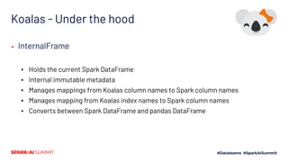 Koalas - Under the hood
▪ InternalFrame
▪ Holds the current Spark DataFrame
▪ Internal immutable metadata
▪ Manages mappings from Koalas column names to Spark column names
▪ Manages mapping from Koalas index names to Spark column names
▪ Converts between Spark DataFrame and pandas DataFrame
 