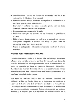 10
 Despertar interés y respeto por los recursos flora y fauna, para buscar una
mejor calidad de vida dentro de la sociedad.
 Fomentar una actitud crítica, reflexiva e investigadora en el desarrollo de la
asignatura tanto individual como en grupo.
 Sincronizar y confrontar las ideas personales previas con los datos,
conceptos, principios y teorías de la asignatura.
 Crear ecosistemas y recuperación de suelo.
 Intercambiar conceptos de currículo con los conceptos de globalización
actuales.
 Elaborar talleres de aprendizaje que conlleven a la realización de proyectos
investigativos integrando la didáctica del trabajo en grupo entre los
estudiantes, profesores y padres de familia.
 Mejorar la participación e interacción del contexto social con el contexto
educativo.
APORTES DE LA INTERDISCIPLINARIEDAD
La interdisciplinariedad evidencia la relación entre las diferentes asignaturas,
reflejando una acertada concepción científica del mundo, lo cual demuestra
cómo los fenómenos no existen por separado, y que al interrelacionarlo por
medio del contenido, se diseña un cuadro de interpelación, interacción y
dependencia del desarrollo del mundo. Además es la relación entre las distintas
materias que existen entre los principios de la pedagogía que se reflejan en la
enseñanza aprendizaje de las mismas.
Esta logra una adecuada relación entre las diferentes asignaturas que
conforman un Plan de Estudio, influye en el consecuente incremento de la
efectividad de la enseñanza tanto en términos cuantitativos como cualitativos.
Lo que significa una óptima preparación de los estudiantes, a la vez que exige
una mayor preparación del profesorado. Esto constituye además, una condición
didáctica y la exigencia para el cumplimiento del carácter científico de la
 