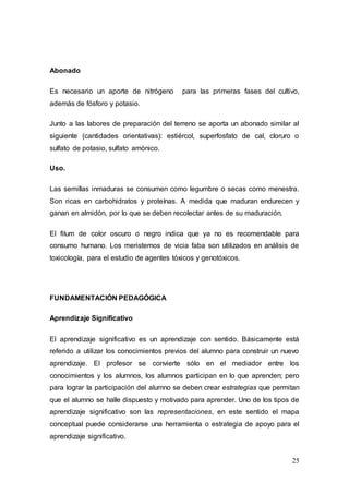 25
Abonado
Es necesario un aporte de nitrógeno para las primeras fases del cultivo,
además de fósforo y potasio.
Junto a las labores de preparación del terreno se aporta un abonado similar al
siguiente (cantidades orientativas): estiércol, superfosfato de cal, cloruro o
sulfato de potasio, sulfato amónico.
Uso.
Las semillas inmaduras se consumen como legumbre o secas como menestra.
Son ricas en carbohidratos y proteínas. A medida que maduran endurecen y
ganan en almidón, por lo que se deben recolectar antes de su maduración.
El filum de color oscuro o negro indica que ya no es recomendable para
consumo humano. Los meristemos de vicia faba son utilizados en análisis de
toxicología, para el estudio de agentes tóxicos y genotóxicos.
FUNDAMENTACIÓN PEDAGÓGICA
Aprendizaje Significativo
El aprendizaje significativo es un aprendizaje con sentido. Básicamente está
referido a utilizar los conocimientos previos del alumno para construir un nuevo
aprendizaje. El profesor se convierte sólo en el mediador entre los
conocimientos y los alumnos, los alumnos participan en lo que aprenden; pero
para lograr la participación del alumno se deben crear estrategias que permitan
que el alumno se halle dispuesto y motivado para aprender. Uno de los tipos de
aprendizaje significativo son las representaciones, en este sentido el mapa
conceptual puede considerarse una herramienta o estrategia de apoyo para el
aprendizaje significativo.
 