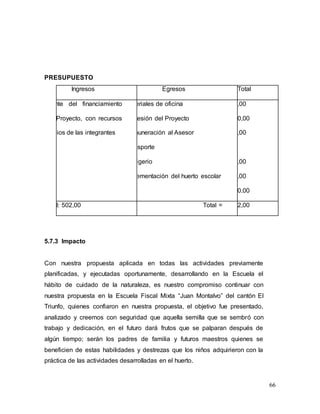 66
PRESUPUESTO
Ingresos Egresos Total
Fuente del financiamiento
del Proyecto, con recursos
propios de las integrantes
- Materiales de oficina
- Impresión del Proyecto
- Remuneración al Asesor
- Transporte
- Refrigerio
- Implementación del huerto escolar
$ 60,00
$ 100,00
$ 60,00
$ 62,00
$ 20,00
$ 200.00
Total: 502,00 Total = $ 502,00
5.7.3 Impacto
Con nuestra propuesta aplicada en todas las actividades previamente
planificadas, y ejecutadas oportunamente, desarrollando en la Escuela el
hábito de cuidado de la naturaleza, es nuestro compromiso continuar con
nuestra propuesta en la Escuela Fiscal Mixta “Juan Montalvo” del cantón El
Triunfo, quienes confiaron en nuestra propuesta, el objetivo fue presentado,
analizado y creemos con seguridad que aquella semilla que se sembró con
trabajo y dedicación, en el futuro dará frutos que se palparan después de
algún tiempo; serán los padres de familia y futuros maestros quienes se
beneficien de estas habilidades y destrezas que los niños adquirieron con la
práctica de las actividades desarrolladas en el huerto.
 