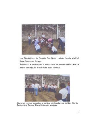 73
Los Ejecutadores del Proyecto: Prof. Néstor Ludeña Heredia y la Prof.
Reina Domínguez Romero.
Preparando el terreno para la siembra con los alumnos del 4to. Año de
Básica en la escuela Fiscal Mixta Juan Montalvo.
Momentos en que se realiza la siembra con los alumnos del 4to. Año de
Básica de la Escuela Fiscal Mixta Juan Montalvo.
 