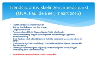  Toename arbeidsdeelname vrouwen
 Stijging deeltijdbanen: 3 op de 4 in 2040
 Langer doorwerken
 Toenemende mobiliteit, ‘Nieuwe Werken’, Migratie / Pendel
 Kennisintensivering, hogere opleidingseisen en steeds hoger opgeleide
beroepsbevolking
 Groei flexibele schil: uitzendkrachten, tijdelijke werknemers, oproepkrachten en
ZZPérs
 Economische structuurverschuiving: “van landbouw/industrie naar commerciële
dienstverlening”
 (MBO 2/3)Banen verdwijnen als gevolg van technologische vernieuwing en
robotisering en er komen nieuwe bij
 Veranderende competentie-eisen  21th century skills
Trends & ontwikkelingen arbeidsmarkt
(UvA, Paul de Beer, maart 2016)
 