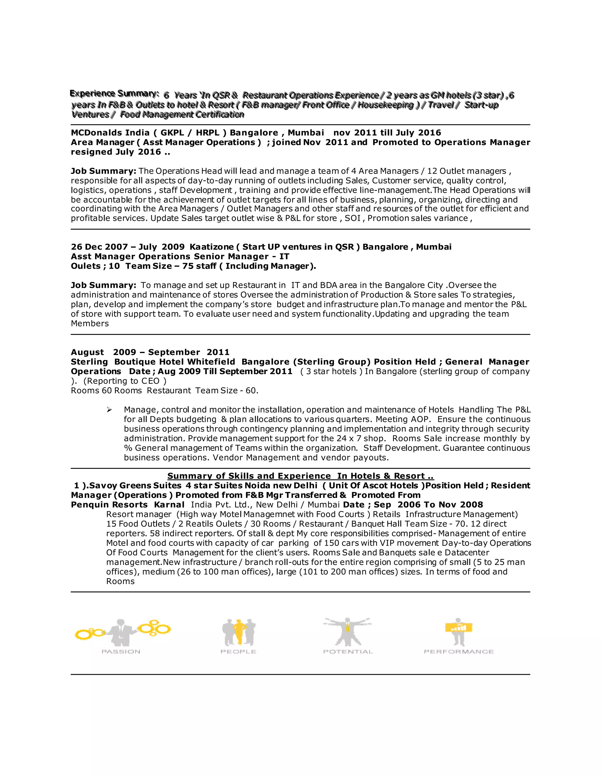 EEExxxpppeeerrriiieeennnccceee SSSuuummmmmmaaarrryyy::: 666 YYYeeeaaarrrsss ‘‘‘IIInnn QQQSSSRRR &&& RRReeessstttaaauuurrraaannnttt OOOpppeeerrraaatttiiiooonnnsss EEExxxpppeeerrriiieeennnccceee /// 222 yyyeeeaaarrrsss aaasss GGGMMM hhhooottteeelllsss (((333 ssstttaaarrr))) ,,,666
yyyeeeaaarrrsss IIInnn FFF&&& BBB &&& OOOuuutttllleeetttsss tttooo hhhooottteeelll &&& RRReeesssooorrrttt ((( FFF&&& BBB mmmaaannnaaagggeeerrr/// FFFrrrooonnnttt OOOffffffiiiccceee /// HHHooouuussseeekkkeeeeeepppiiinnnggg ))) /// TTTrrraaavvveeelll /// SSStttaaarrrttt---uuuppp
VVVeeennntttuuurrreeesss /// FFFooooooddd MMMaaannnaaagggeeemmmeeennnttt CCCeeerrrtttiiifffiiicccaaatttiiiooonnn
MCDonalds India ( GKPL / HRPL ) Bangalore , Mumbai nov 2011 till July 2016
Area Manager ( Asst Manager Operations ) ; joined Nov 2011 and Promoted to Operations Manager
resigned July 2016 ..
Job Summary: The Operations Head will lead and manage a team of 4 Area Managers / 12 Outlet managers ,
responsible for all aspects of day-to-day running of outlets including Sales, Customer service, quality control,
logistics, operations , staff Development , training and provide effective line-management.The Head Operations will
be accountable for the achievement of outlet targets for all lines of business, planning, organizing, directing and
coordinating with the Area Managers / Outlet Managers and other staff and resources of the outlet for efficient and
profitable services. Update Sales target outlet wise & P&L for store , SOI , Promotion sales variance ,
26 Dec 2007 – July 2009 Kaatizone ( Start UP ventures in QSR ) Bangalore , Mumbai
Asst Manager Operations Senior Manager - IT
Oulets ; 10 Team Size – 75 staff ( Including Manager).
Job Summary: To manage and set up Restaurant in IT and BDA area in the Bangalore City .Oversee the
administration and maintenance of stores Oversee the administration of Production & Store sales To strategies,
plan, develop and implement the company’s store budget and infrastructure plan.To manage and mentor the P&L
of store with support team. To evaluate user need and system functionality.Updating and upgrading the team
Members
August 2009 – September 2011
Sterling Boutique Hotel Whitefield Bangalore (Sterling Group) Position Held ; General Manager
Operations Date ; Aug 2009 Till September 2011 ( 3 star hotels ) In Bangalore (sterling group of company
). (Reporting to CEO )
Rooms 60 Rooms Restaurant Team Size - 60.
 Manage, control and monitor the installation, operation and maintenance of Hotels Handling The P&L
for all Depts budgeting & plan allocations to various quarters. Meeting AOP. Ensure the continuous
business operations through contingency planning and implementation and integrity through security
administration. Provide management support for the 24 x 7 shop. Rooms Sale increase monthly by
% General management of Teams within the organization. Staff Development. Guarantee continuous
business operations. Vendor Management and vendor payouts.
Summary of Skills and Experience In Hotels & Resort ..
1 ).Savoy Greens Suites 4 star Suites Noida new Delhi ( Unit Of Ascot Hotels )Position Held ; Resident
Manager (Operations ) Promoted from F&B Mgr Transferred & Promoted From
Penquin Resorts Karnal India Pvt. Ltd., New Delhi / Mumbai Date ; Sep 2006 To Nov 2008
Resort manager (High way Motel Managemnet with Food Courts ) Retails Infrastructure Management)
15 Food Outlets / 2 Reatils Oulets / 30 Rooms / Restaurant / Banquet Hall Team Size - 70. 12 direct
reporters. 58 indirect reporters. Of stall & dept My core responsibilities comprised- Management of entire
Motel and food courts with capacity of car parking of 150 cars with VIP movement Day-to-day Operations
Of Food Courts Management for the client’s users. Rooms Sale and Banquets sale e Datacenter
management.New infrastructure / branch roll-outs for the entire region comprising of small (5 to 25 man
offices), medium (26 to 100 man offices), large (101 to 200 man offices) sizes. In terms of food and
Rooms
 