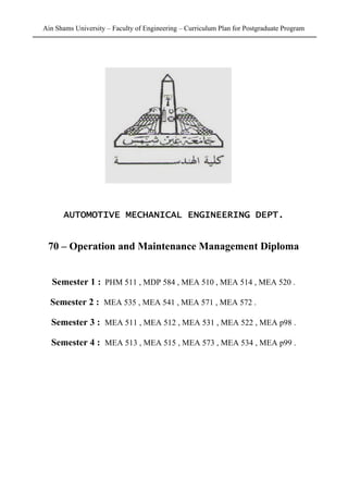 Ain Shams University – Faculty of Engineering – Curriculum Plan for Postgraduate Program
AUTOMOTIVE MECHANICAL ENGINEERING DEPT.
70 – Operation and Maintenance Management Diploma
Semester 1 : PHM 511 , MDP 584 , MEA 510 , MEA 514 , MEA 520 .
Semester 2 : MEA 535 , MEA 541 , MEA 571 , MEA 572 .
Semester 3 : MEA 511 , MEA 512 , MEA 531 , MEA 522 , MEA p98 .
Semester 4 : MEA 513 , MEA 515 , MEA 573 , MEA 534 , MEA p99 .
 