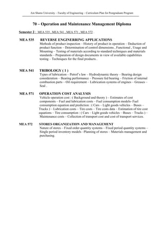 Ain Shams University – Faculty of Engineering – Curriculum Plan for Postgraduate Program
70 – Operation and Maintenance Management Diploma
Semester 2 : MEA 535 , MEA 541 , MEA 571 , MEA 572 .
MEA 535 REVERSE ENGINERRING APPLICATIONS
Methods of product inspection – History of product in operation – Deduction of
product function – Determination of control dimensions , Functional , Usage and
Mounting – Testing of materials according to standard techniques and materials
standards – Preparation of design documents in view of available capabilities
testing – Techniques for the final products .
MEA 541 TRIBOLOGY ( 1 )
Types of lubrication – Petrof`s law – Hydrodynamic theory – Bearing design
consideration – Bearing performance – Pressure fed bearing – Friction of internal
combustion parts – Oil requirement – Lubrication systems of engines – Greases –
Seal .
MEA 571 OPERATION COST ANALYSIS
Vehicle operation cost : ( Background and theory ) – Estimates of cost
components – Fuel and lubrication costs – Fuel consumption models- Fuel
consumption equation and prediction : ( Cars – Light goods vehicles – Buses –
Trucks ) – Lubrication costs – Tire costs – Tire costs data – Estimation of tire cost
equations – Tire consumption : ( Cars – Light goods vehicles – Buses – Trucks ) –
Maintenance costs – Collection of transport cost and cost of transport services.
MEA 572 STORES ORGANIZATION AND MANAGEMENT
Nature of stores – Fixed order quantity systems – Fixed period quantity systems –
Single period inventory models –Planning of stores – Materials management and
purchasing.
 