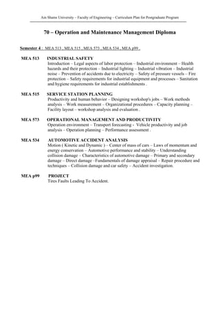 Ain Shams University – Faculty of Engineering – Curriculum Plan for Postgraduate Program
70 – Operation and Maintenance Management Diploma
Semester 4 : MEA 513 , MEA 515 , MEA 573 , MEA 534 , MEA p99 .
MEA 513 INDUSTRIAL SAFETY
Introduction – Legal aspects of labor protection – Industrial environment – Health
hazards and their protection – Industrial lighting – Industrial vibration – Industrial
noise – Prevention of accidents due to electricity – Safety of pressure vessels – Fire
protection – Safety requirements for industrial equipment and processes – Sanitation
and hygiene requirements for industrial establishments .
MEA 515 SERVICE STATION PLANNING
Productivity and human behavior – Designing workshop's jobs – Work methods
analysis – Work measurement – Organizational procedures – Capacity planning –
Facility layout – workshop analysis and evaluation .
MEA 573 OPERATIONAL MANAGEMENT AND PRODUCTIVITY
Operation environment – Transport forecasting - Vehicle productivity and job
analysis – Operation planning – Performance assessment .
MEA 534 AUTOMOTIVE ACCIDENT ANALYSIS
Motion ( Kinetic and Dynamic ) – Center of mass of cars – Laws of momentum and
energy conservation – Automotive performance and stability – Understanding
collision damage – Characteristics of automotive damage – Primary and secondary
damage – Direct damage –Fundamentals of damage appraisal – Repair procedure and
techniques – Collision damage and car safety – Accident investigation.
MEA p99 PROJECT
Tires Faults Leading To Accident.
 
