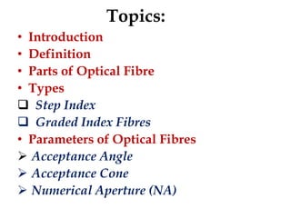 Topics:
• Introduction
• Definition
• Parts of Optical Fibre
• Types
 Step Index
 Graded Index Fibres
• Parameters of Optical Fibres
 Acceptance Angle
 Acceptance Cone
 Numerical Aperture (NA)
 