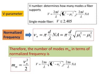V number: determines how many modes a fiber
                  supports
                                  2 d             2 d
V-parameter                   V          1
                                           2
                                             2
                                               2
                                                      NA

                  Single-mode fiber: V            2.405

Normalized                      d                    d        2   2
Frequency             n             NA                        1   2



   Therefore, the number of modes mm in terms of
   normalized frequency is
              2
              n           2 a        2        2    2 a
    mm                V         n1       n2              NA
              2
 