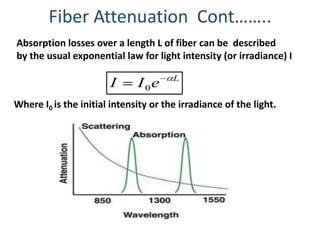 Fiber Attenuation Cont……..
Absorption losses over a length L of fiber can be described
by the usual exponential law for light intensity (or irradiance) I

                                       L
                       I      I 0e
Where I0 is the initial intensity or the irradiance of the light.
 