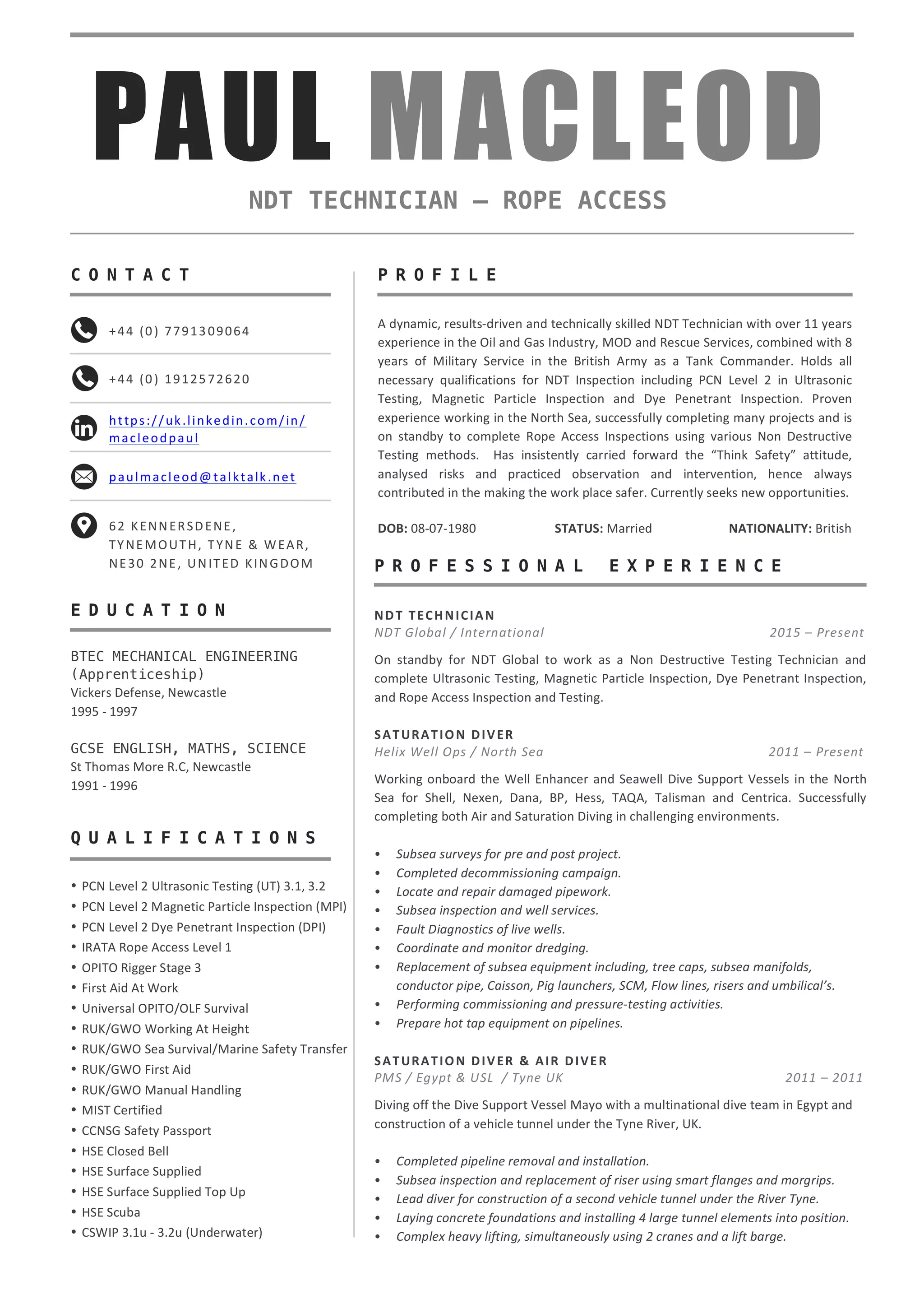 Paul Macleod NDT Technician & Rope Access CV PDF