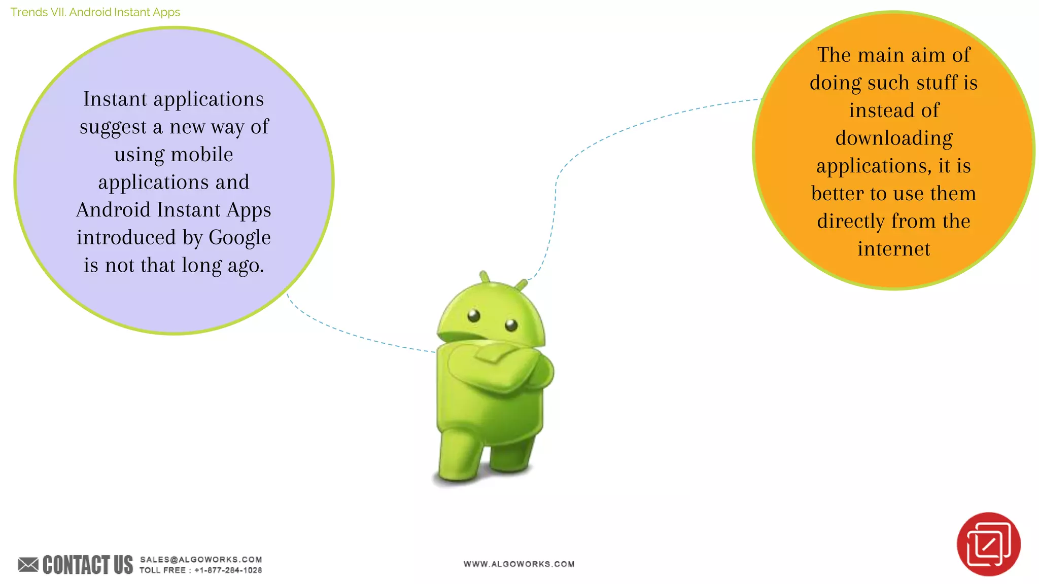 The main aim of
doing such stuff is
instead of
downloading
applications, it is
better to use them
directly from the
internet
Instant applications
suggest a new way of
using mobile
applications and
Android Instant Apps
introduced by Google
is not that long ago.
Trends VII. Android Instant Apps
 