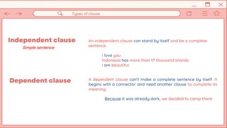 Independent clause An independent clause can stand by itself and be a complete
sentence.
Types of clause
Simple sentence
I love you.
Indonesia has more than 17 thousand islands.
I am beautiful.
Dependent clause A dependent clause can't make a complete sentence by itself. It
begins with a connector and need another clause to complete its
meaning.
Because it was already dark, we decided to camp there.
 