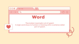 Word
Thesmallest meaningful unit of speech.
A single word shows its function in meaning within a sentence called
part of speech.
 