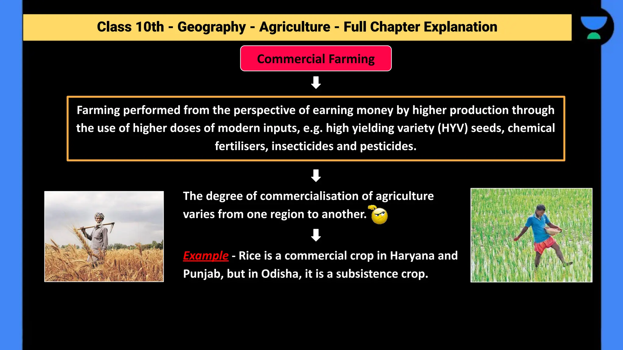 Class 10th - Geography - Agriculture - Full Chapter Explanation
Commercial Farming
Farming performed from the perspective of earning money by higher production through
the use of higher doses of modern inputs, e.g. high yielding variety (HYV) seeds, chemical
fertilisers, insecticides and pesticides.
The degree of commercialisation of agriculture
varies from one region to another.
Example - Rice is a commercial crop in Haryana and
Punjab, but in Odisha, it is a subsistence crop.
 