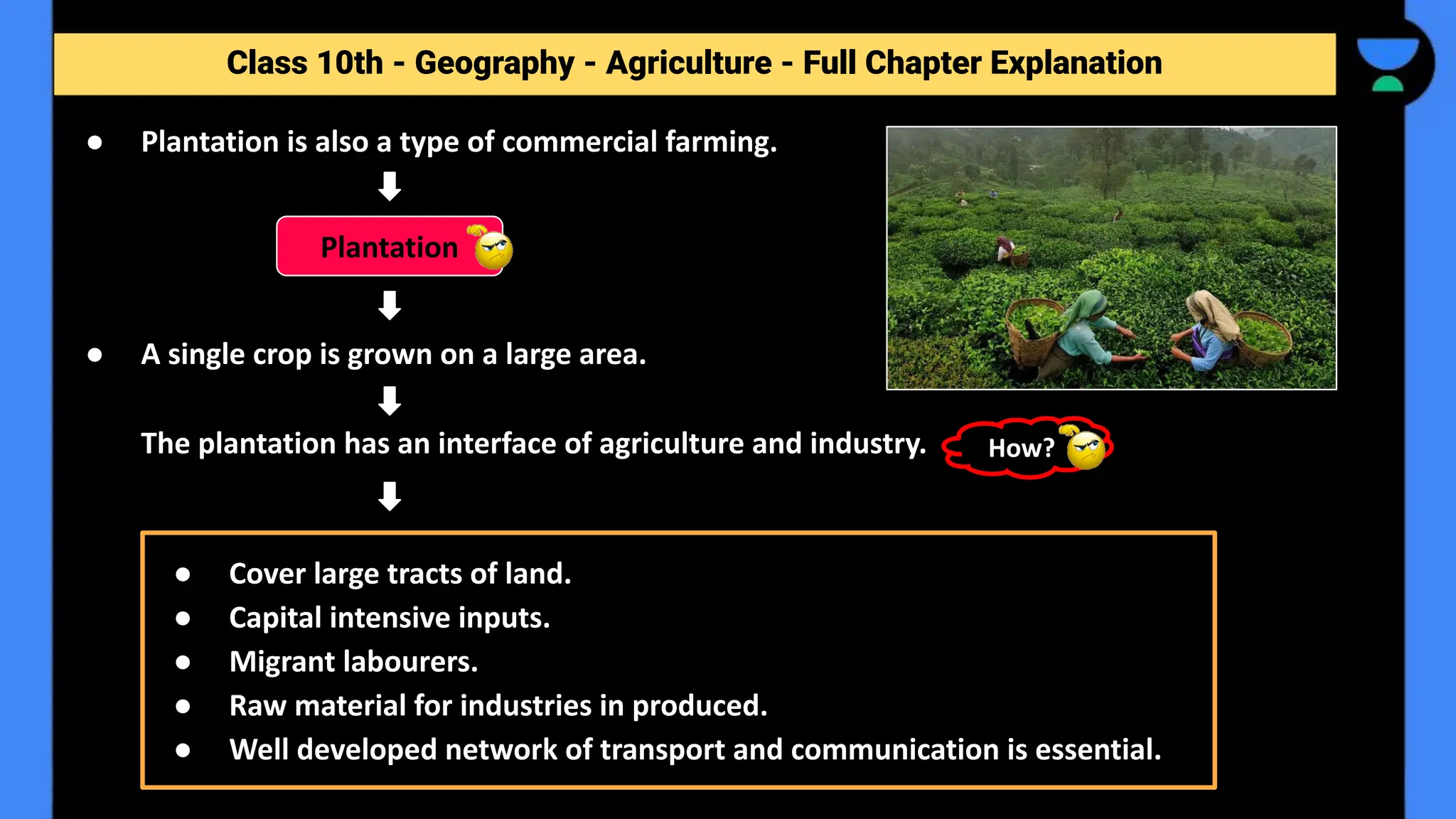 Class 10th - Geography - Agriculture - Full Chapter Explanation
● Plantation is also a type of commercial farming.
● A single crop is grown on a large area.
The plantation has an interface of agriculture and industry.
Plantation
● Cover large tracts of land.
● Capital intensive inputs.
● Migrant labourers.
● Raw material for industries in produced.
● Well developed network of transport and communication is essential.
How?
 