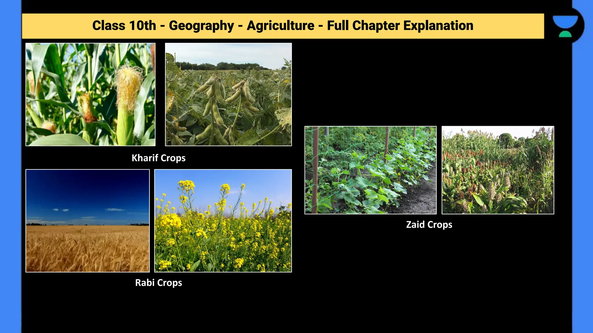 Class 10th - Geography - Agriculture - Full Chapter Explanation
Kharif Crops
Rabi Crops
Zaid Crops
 
