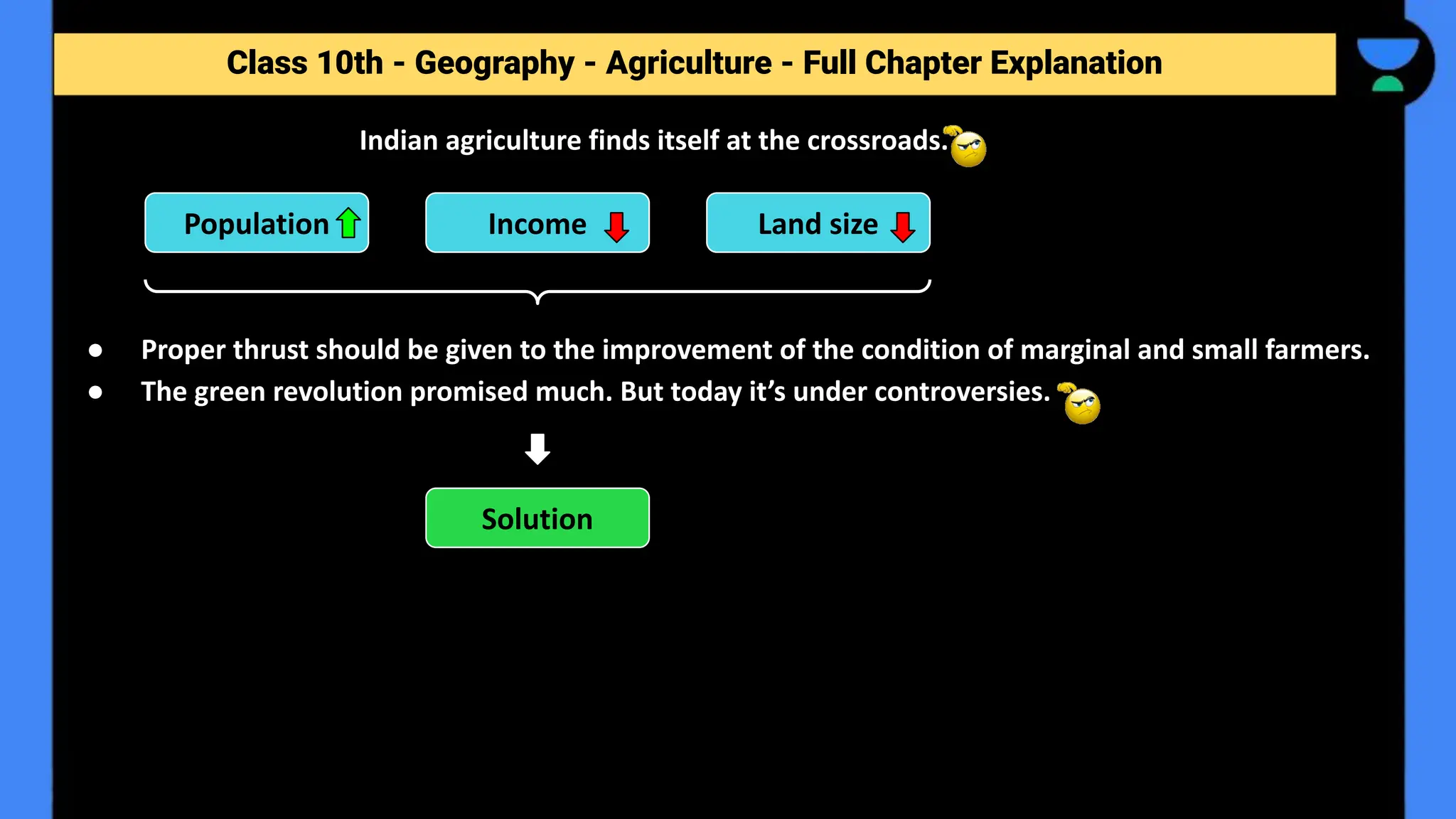 Class 10th - Geography - Agriculture - Full Chapter Explanation
Indian agriculture finds itself at the crossroads.
● Proper thrust should be given to the improvement of the condition of marginal and small farmers.
● The green revolution promised much. But today it’s under controversies.
Population Income Land size
Solution
 