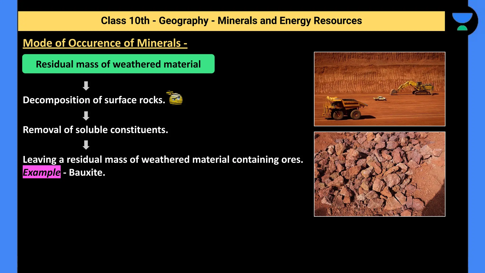 Decomposition of surface rocks.
Removal of soluble constituents.
Leaving a residual mass of weathered material containing ores.
Example - Bauxite.
Class 10th - Geography - Minerals and Energy Resources
Mode of Occurence of Minerals -
Residual mass of weathered material
 