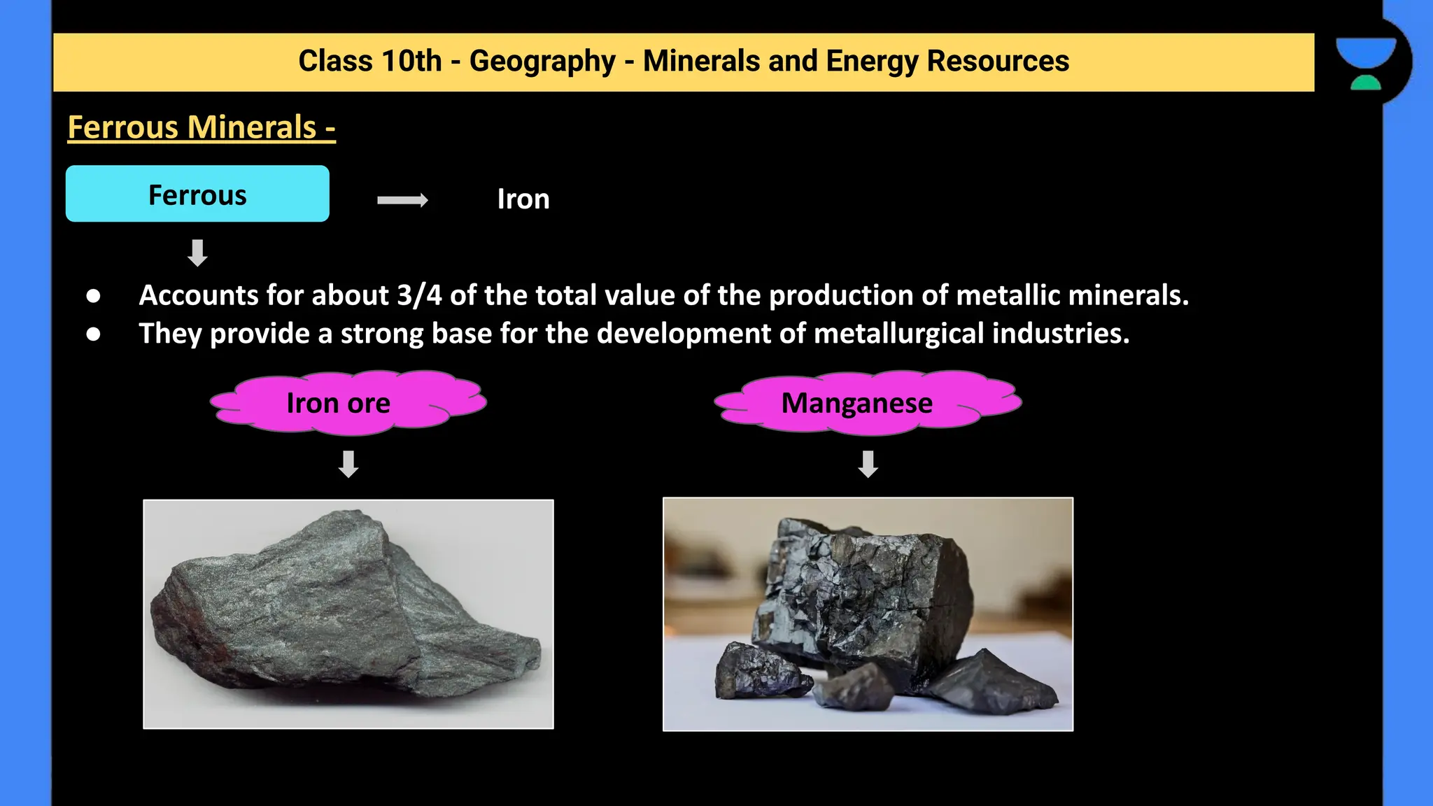 Iron
● Accounts for about 3/4 of the total value of the production of metallic minerals.
● They provide a strong base for the development of metallurgical industries.
Class 10th - Geography - Minerals and Energy Resources
Ferrous Minerals -
Ferrous
Iron ore Manganese
 